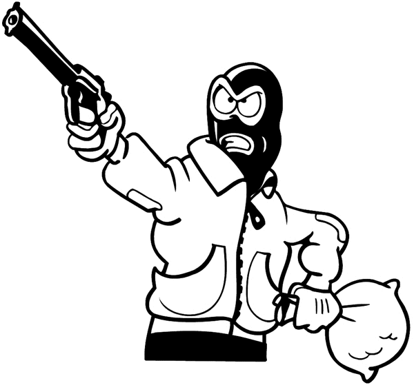 Hooded crook with gun and bag of loot vinyl decal. Customize on line. Law and Order 057-0170